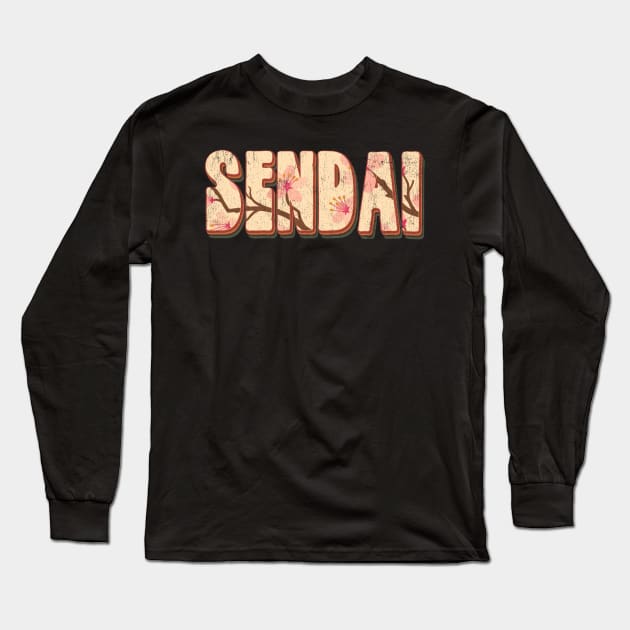 Sendai Japan Retro Vintage Cherry Blossom Long Sleeve T-Shirt by Happy as I travel